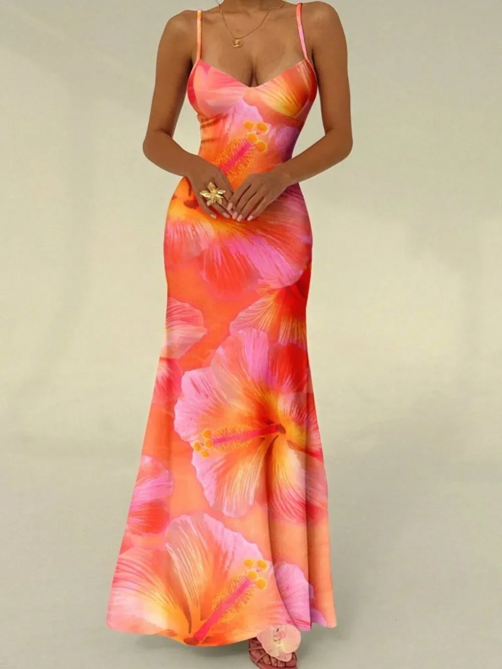 Orange Elegant Hibiscus Print Women's Bodycon Spaghetti Strap Tie-Up Dress - Picture 5 of 7